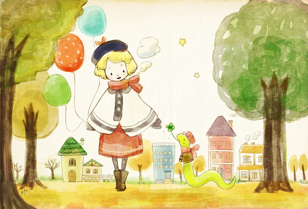 女の子にヘビが幸せの４つ葉のクローバーを渡すシーンを描いたイラスト
