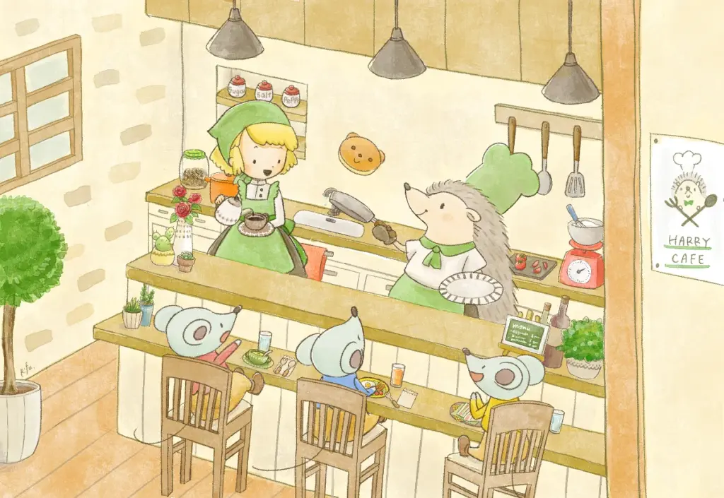 ハリネズミのハリーが、カフェでクマ型のホットケーキを作るシーンを描いたイラスト