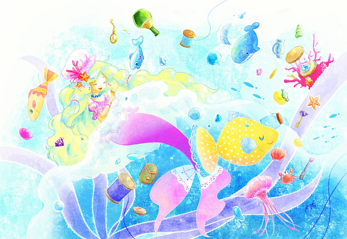 人魚が波を作る様子を描いたイラスト