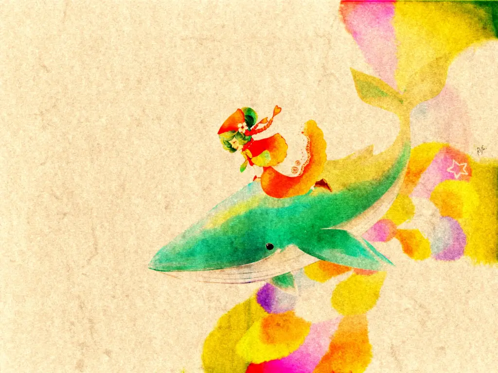 女の子を乗せたクジラが波に乗るシーンを描いたイラスト。鱗のような独特な波が特徴