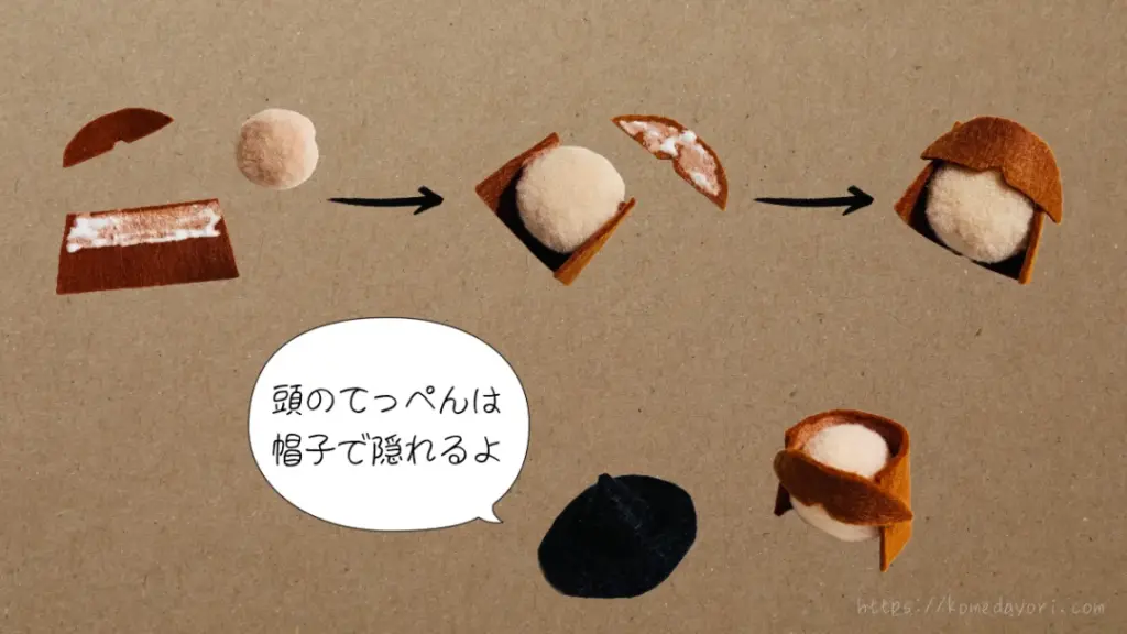 デコレーションボールに髪の毛用フェルトを貼り付けて魔女の顔を作る工程。頭頂部は帽子で隠れるため簡単。