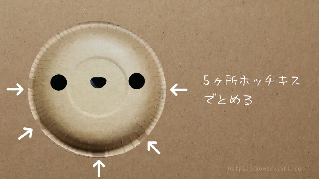 紙ボウルのふちを、5ヶ所ホッチキスで留める位置を矢印で示した写真。「5ヶ所ホッチキスでとめる」という文字が入っている。