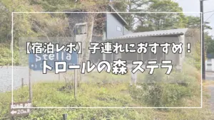 「【宿泊レポ】子連れにおすすめ！トロールの森ステラ」のタイトル文字とペンション「トロールの森 ステラ」の外観写真。青色の“Stella”看板と緑に囲まれた建物が写っている。