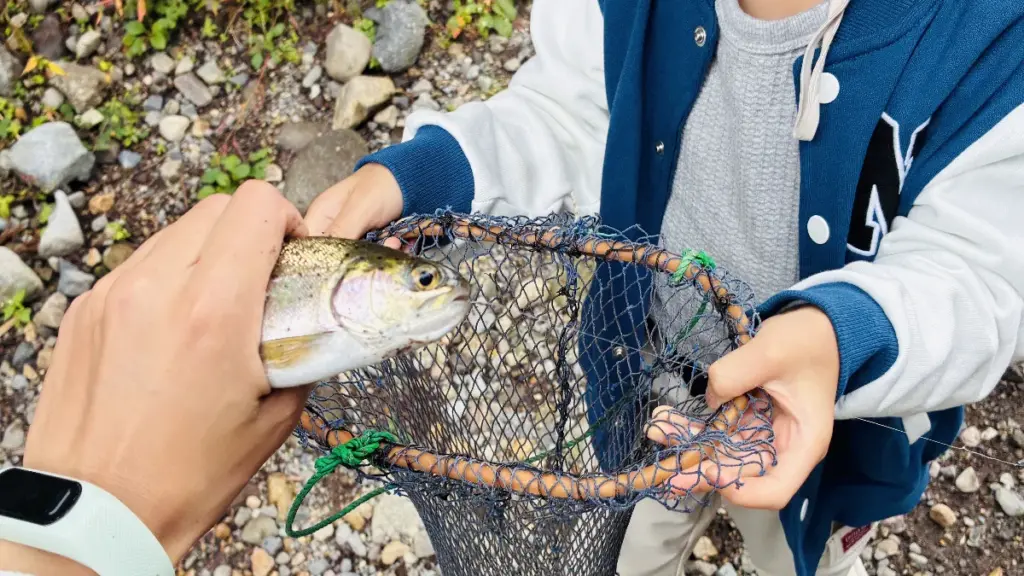 釣り上げたニジマスを握り、釣り針を外そうとしている様子。子どもが網を持ち待機している。