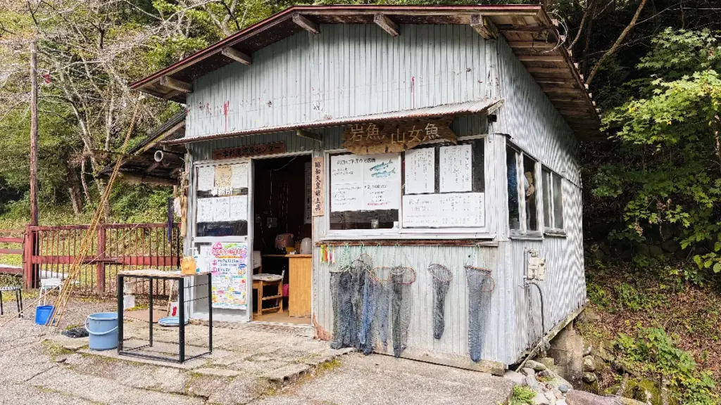 一本杉渓流魚センターの古い木造の受付小屋全体。山中に佇む釣り堀施設の外観。