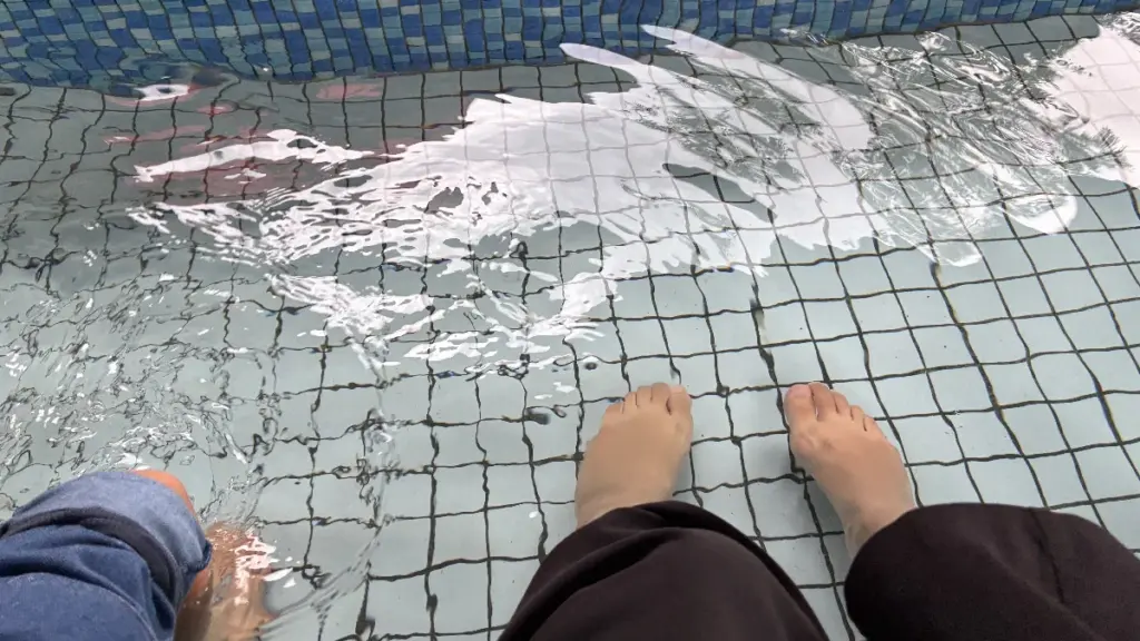 こんにゃくパークの無料足湯コーナーで、親子で足を浸してくつろいでいる様子