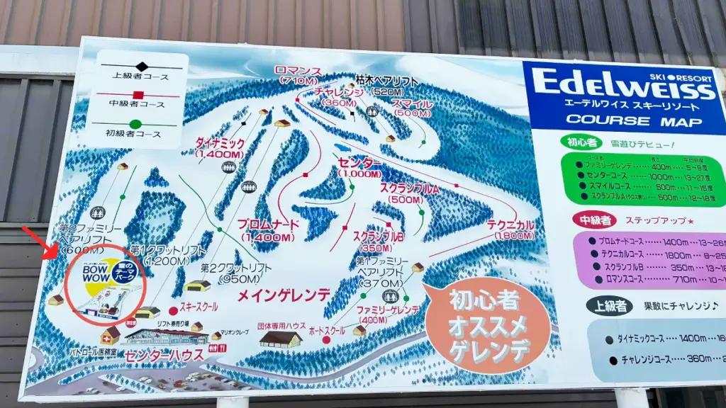 エーデルワイススキーリゾートの全コースマップ。初級から上級までのコース配置やキッズパークの場所が示されている。