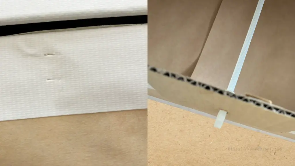 宝箱の製作途中画像。左は宝箱の南京錠をひっかけるための2か所の穴をあけており、右はあけた穴から結束バンドを通し、南京錠をひっかけるループを作る様子。