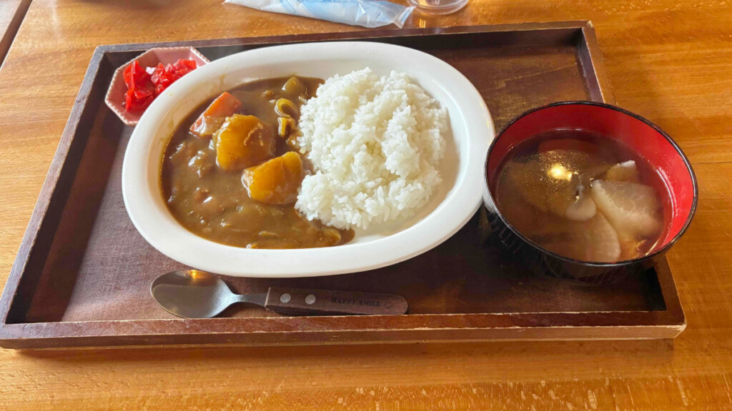 日光・米農家レストラン百笑で提供される”ばあちゃんのカレーライス”と”味噌汁(百笑汁)”の定食