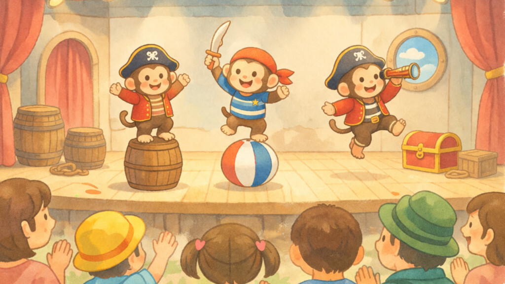 おさるランドの「パイレーツ・オブ・モンキー」をイメージしたイラスト。海賊の帽子をかぶった可愛いお猿さんたちが、タルに乗ったり宝箱の横でポーズをとったりしてステージで活躍する様子と、それを笑顔で応援する親子の後ろ姿。