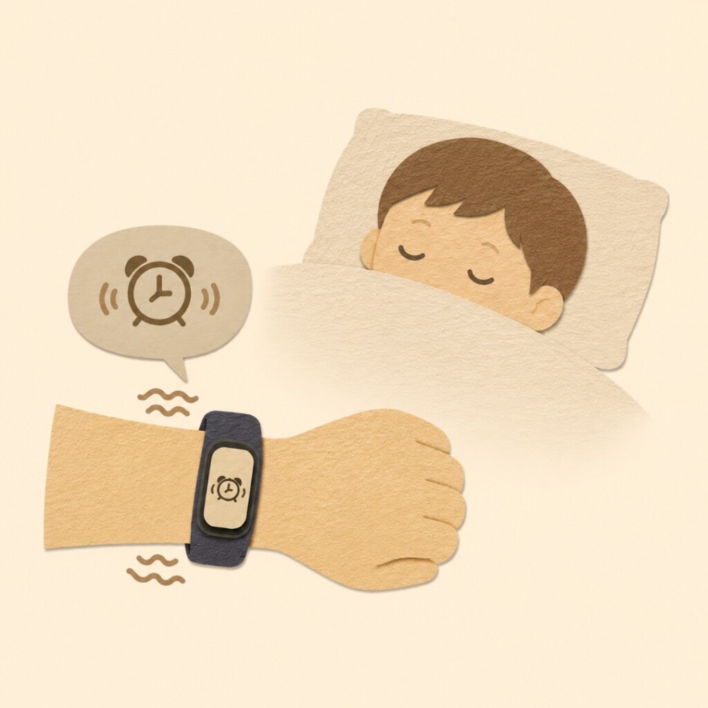 寝ている子どもを起こさず、スマートウォッチの振動アラームで起きる様子を表したイラスト