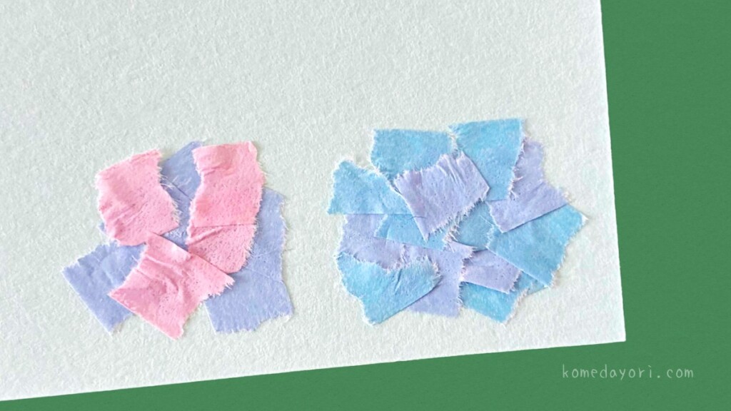 マスキングテープのちぎり絵で作る紫陽花:ピンク系とブルー系の2種類の花を並べて貼った状態