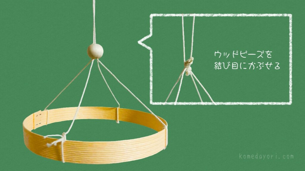 ペーパークラフトバンドの輪に4本のタコ糸を結び、中央でまとめたモビール土台。まとめたタコ糸の結び目にウッドビーズをはめている